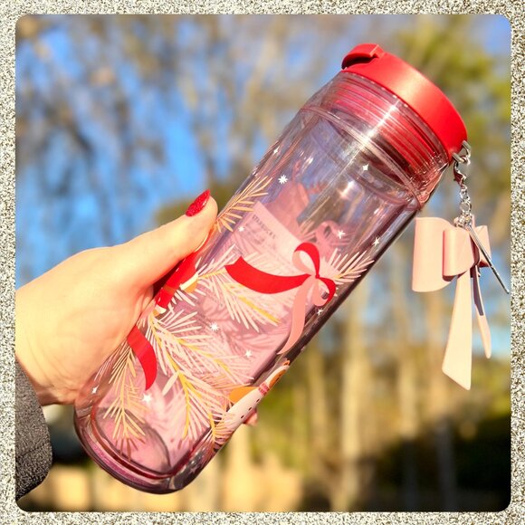 🎄🎀 NWT 2025 Starbucks Christmas Pink/Mauve 16oz Bottle w/ Ribbon Charm - Picture 9 of 12